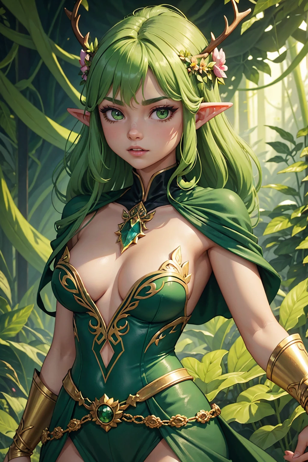 Jungle like environment. A young Plant woman with a deep green skin tone. She short has leaf green curly hair & is wearing a form-fitting bodysuit with a deep neckline, exposing much of her chest area & slightly revealing mythic flowing Black-Purple-Green cloak with Golden Floral designs. She has Serious yet gentle gaze in her heterochrome eyes, with One eye being a deep green and the other being a light gold. She has long crystal blue antlers radiating Floral energy & a set of quaint elven ears. She has a small cute nose She is seen in a battle stance radiating a floral energy