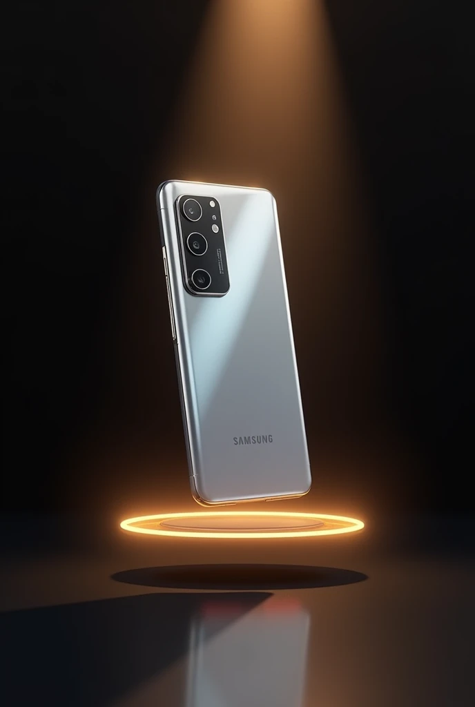 Real samsung s24 ultra shine silver colour 3d model of
phone which is hang in air with aura in simple black hall with sun shine brightness.