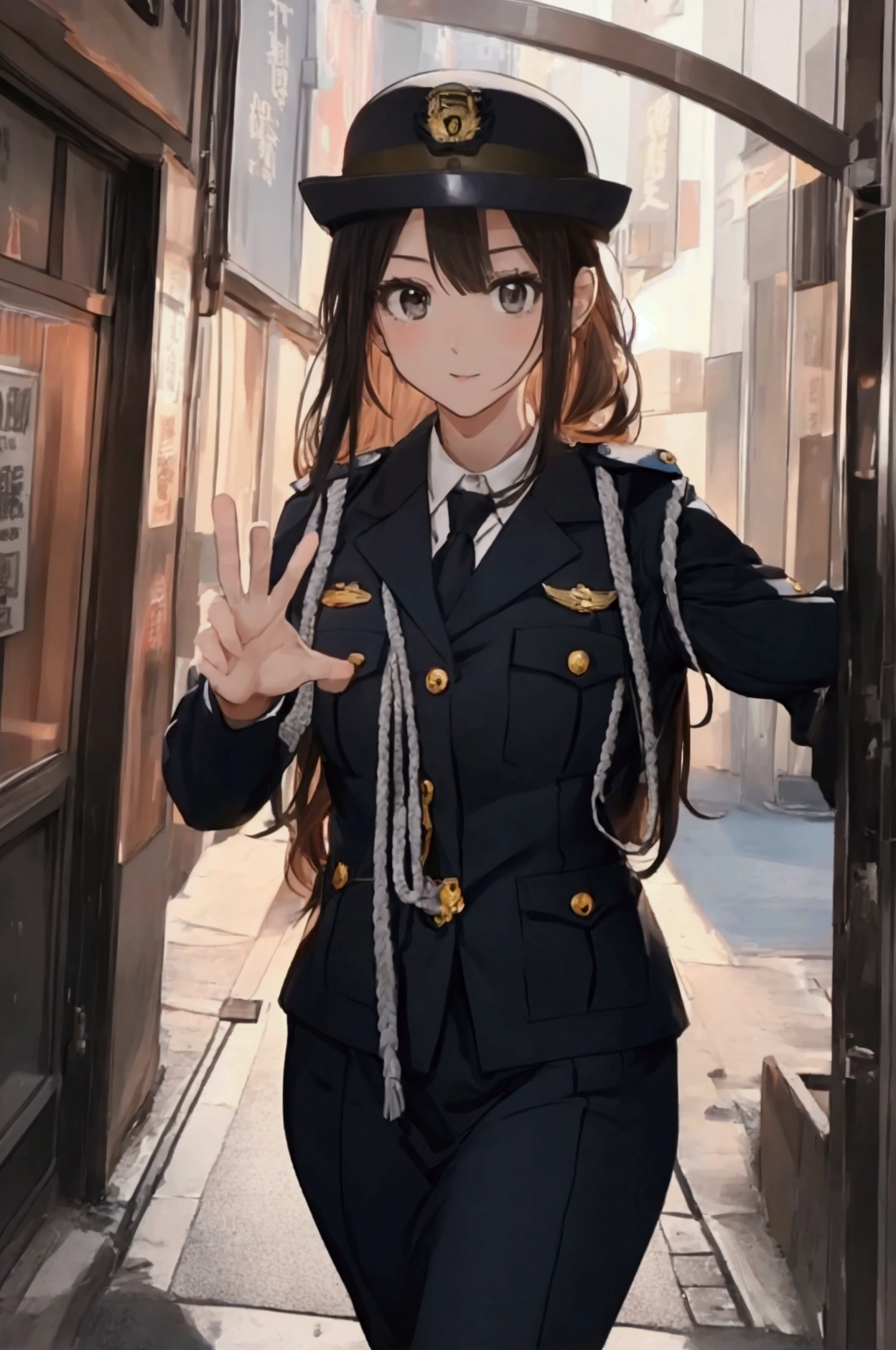 (ultra highres、ultra quality、Masterpiece、8k、5 fingers、),A girl with light hair drawn in high resolution policewoman.japannse police woman、Young and cute 、Asian woman,s hot, Japanese Model, Cute Core, , Chubby、wear a hat 、big breast、Town