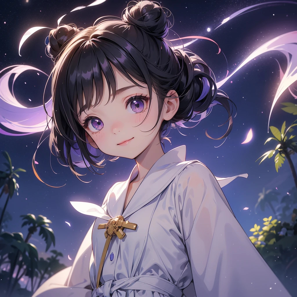 A chibi  girl had a small face and wearing a white little tourist priest’s outfit, a pair of big round eyes shone with curiosity about him. This childso cute, her hair is black with buns on her hair. Small chibi , chibi baby, smil, chibi. 

Background is a dark moonless night, with dry trees in the background, and purple glowing light