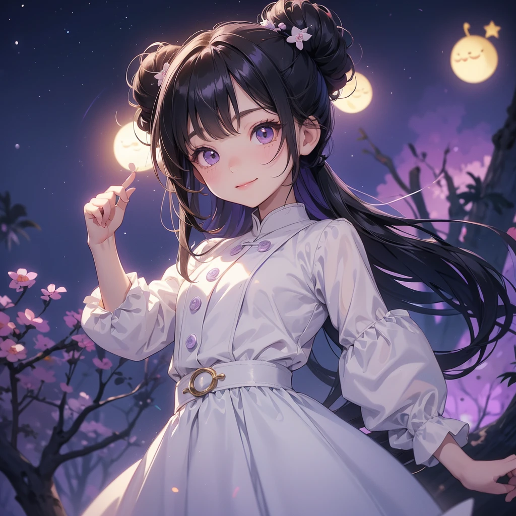 A chibi child girl had a small face and wearing a white little tourist priest’s outfit, a pair of big round eyes shone with curiosity about him. This child was so cute, her hair is black with buns on her hair. Small chibi , chibi baby, smiling , chibi. 

Background is a dark moonless night, with dry trees in the background, and purple glowing light