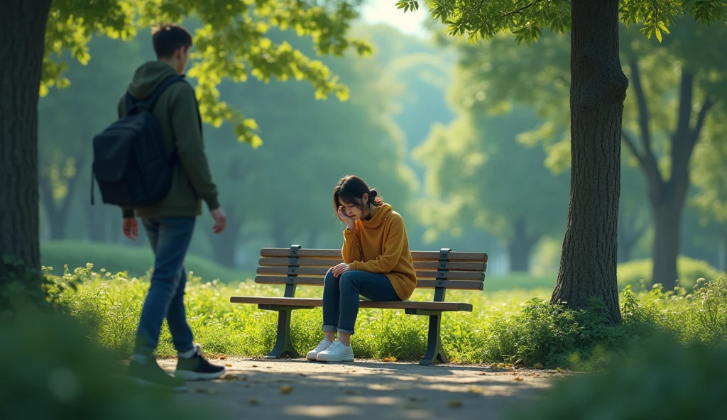 Woman sitting on bench thinking and bowing her head. Detail 4k. Man from front.