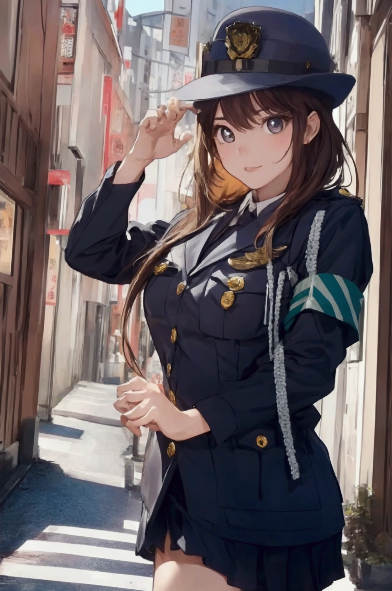 (ultra highres、ultra quality、Masterpiece、8k、5 fingers、),A girl with light hair drawn in high resolution policewoman.japannse police woman、Young and cute 、Asian woman,s hot, Japanese Model, Cute Core, , Chubby、wear a hat 、big breast、Town