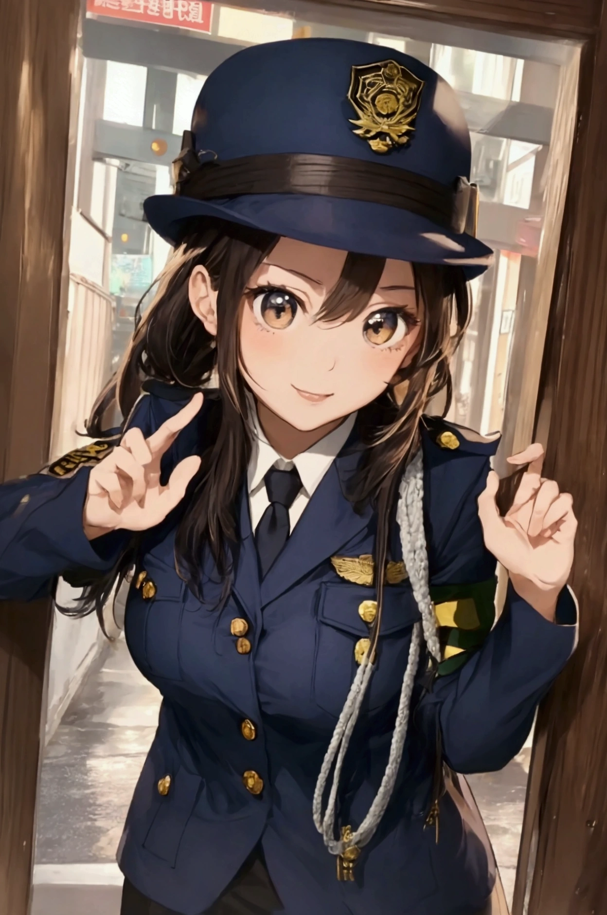 (ultra highres、ultra quality、Masterpiece、8k、5 fingers、),A girl with light hair drawn in high resolution policewoman.japannse police woman、Young and cute 、Asian woman,s hot, Japanese Model, Cute Core, , Chubby、wear a hat 、big breast、Town