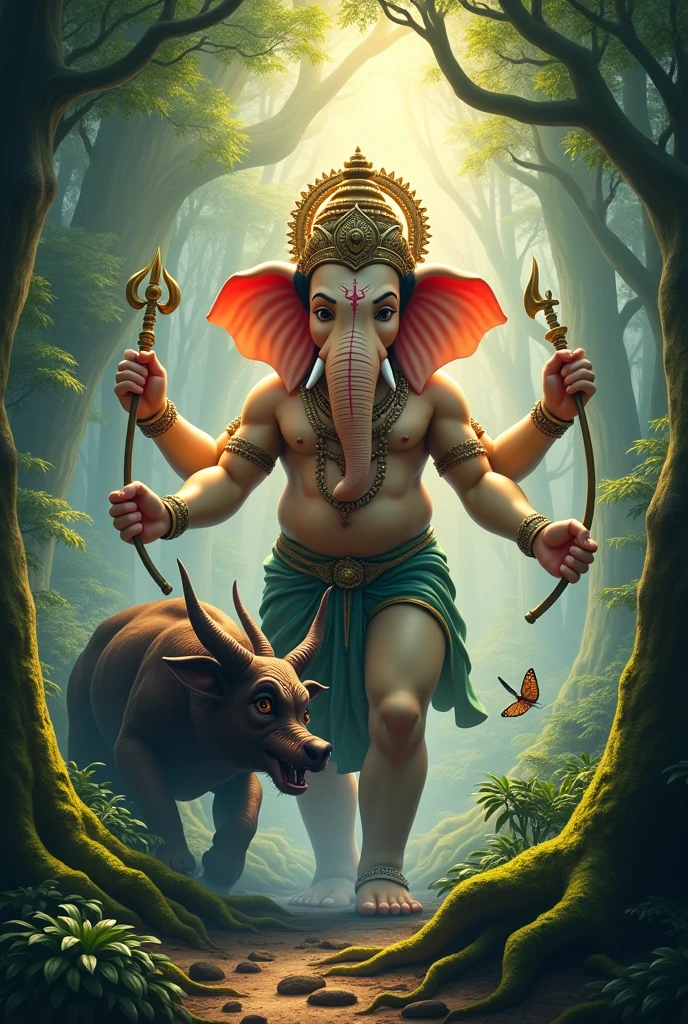 Ganesh God in forest with devil 


