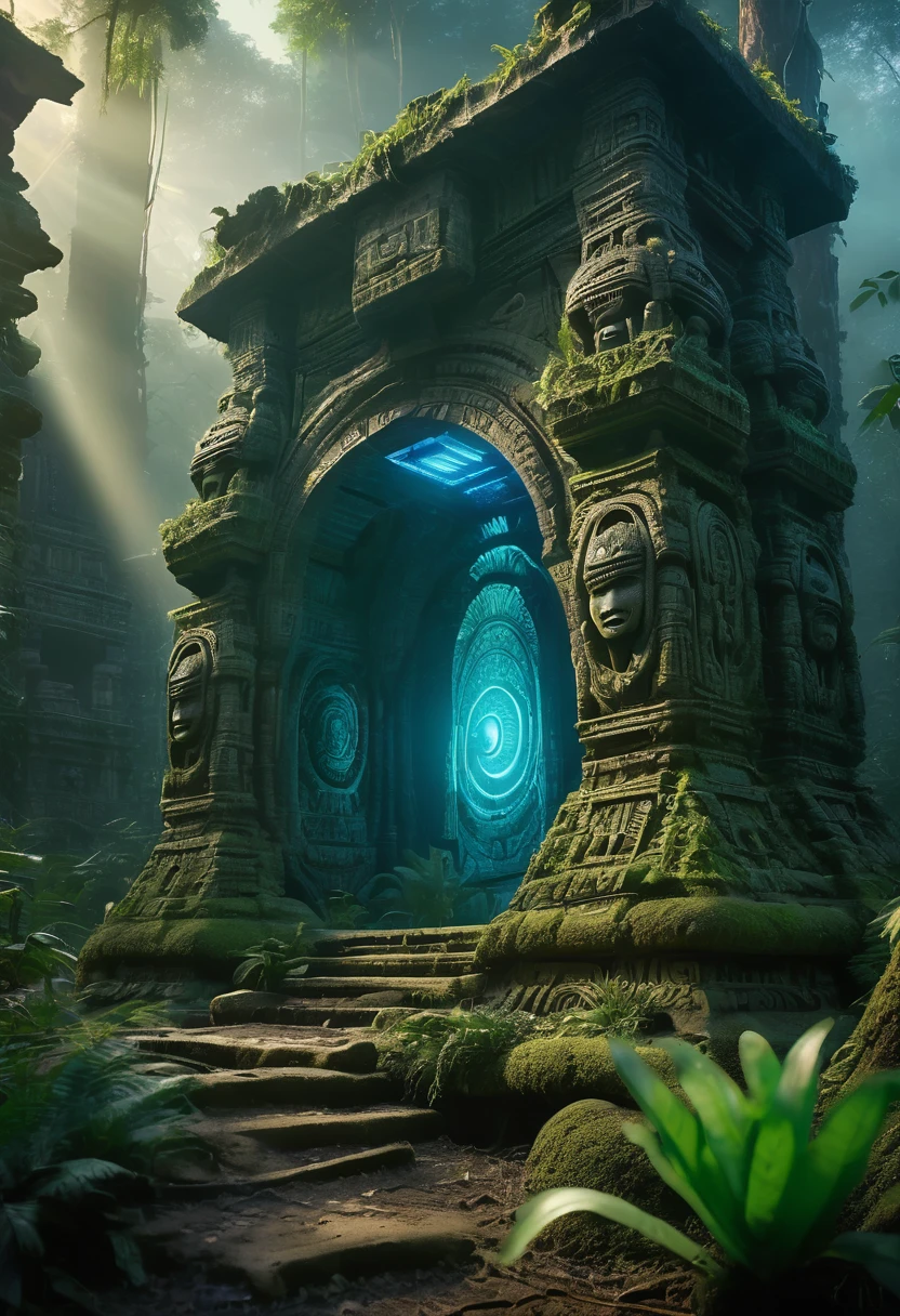 Create a otherliworld extraterrestrial alien rainforest with tribal aliens wandering around an ancient ruins of a broken alien temple twilight in the atmosphere uv glowing cryptic alien tribal symbol in the forest alien shamans and alien tribals too standing along the alien architecture tribe civilization blury cinematic lightings all in the forest floating photorealistic, natural lighting, ultra realistic photo, high quality, HDR, high resolution, smooth and delicate , noble and elegant, ultra-realistic photography vibe, shot with Canon camera, intricate details, award winning photography 32k --s 750 --v 6.1