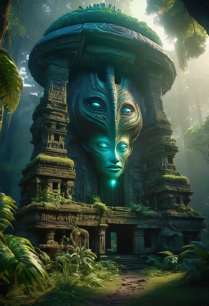 Create a  otherliworld extraterrestrial alien rainforest with tribal aliens  wandering around an ancient ruins of a broken alien temple twilight in the atmosphere uv glowing cryptic alien tribal symbol in the forest alien  shamans and alien  tribals too standing along the alien architecture tribe civilization  blury cinematic lightings all in the forest floating  photorealistic, natural lighting, ultra realistic photo, high quality, HDR, high resolution, smooth and delicate , noble and elegant, ultra-realistic photography vibe, shot with Canon camera, intricate details, award winning photography 32k --s 750 --v 6.1

 