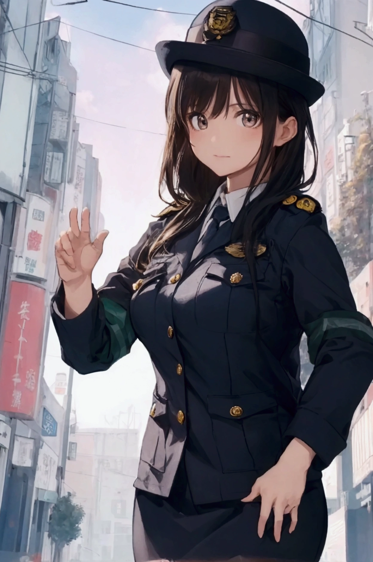 (ultra highres、ultra quality、Masterpiece、8k、5 fingers、),A girl with light hair drawn in high resolution policewoman.japannse police woman、Young and cute 、Asian woman,s hot, Japanese Model, Cute Core, , Chubby、wear a hat 、big breast、Town