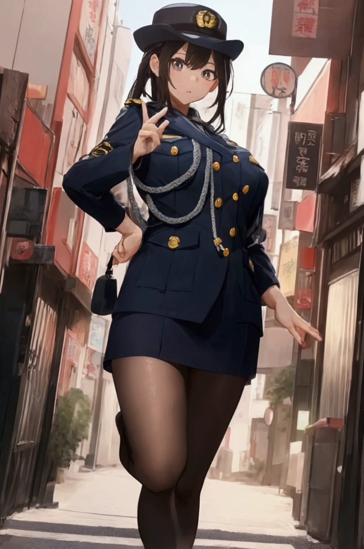 (ultra highres、ultra quality、Masterpiece、8k、5 fingers、),A girl with light hair drawn in high resolution policewoman.japannse police woman、Young and cute 、Asian woman,s hot, Japanese Model, Cute Core, , Chubby、wear a hat 、big breast、Town
