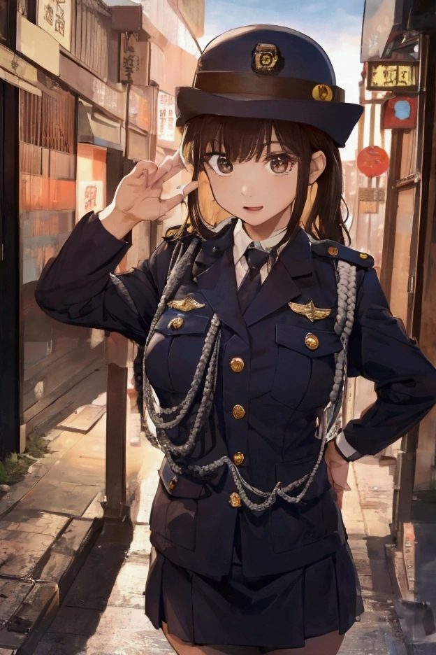 (ultra highres、ultra quality、Masterpiece、8k、5 fingers、),A girl with light hair drawn in high resolution policewoman.japannse police woman、Young and cute 、Asian woman,s hot, Japanese Model, Cute Core, , Chubby、wear a hat 、big breast、Town
