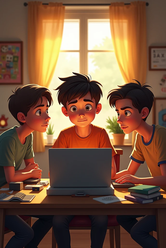 Make an picture of a boy sitting in the room , operating computer and his two friends are sitting beside him
