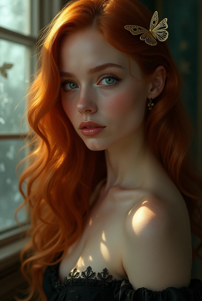 (solo, full body photo:1.3), (action packed:1.3), (haze, fog, mist:1.3), chiaroscuro, best quality, photorealistic, 1woman, (cute), (24yo:1.2), redhead, long ginger hair highly detailed, 1700'S, digital photography, art by artgerm and ruan jia and greg rutkowski surreal painting gold butterfly filigree, broken glass, (masterpiece, sidelighting, finely detailed Fashionable eyes: 1.2) (perfect oval large eyes that gazes at the viewer), beautiful detailed face, blue gorgeous perfect eyes, (blonde hair ponytail), (attractive young woman:1.3), (thick amazing hair), (seductive:1.1), (blushing:1.1)