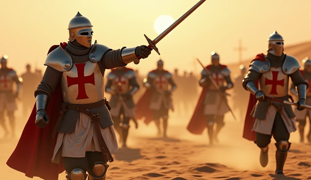 A highly realistic, high-contrast, 8K HD, detailed, hyper-detailed image of Crusader knights clad in steel armor with red crosses on their tunics, fiercely overwhelming their enemies with swords in a desert setting. The knights are shown with intense determination as they strike down their foes, their swords glinting in the harsh sunlight. The desert landscape around them is vast, with dunes and a blazing sun casting long shadows. The scene captures the raw power and bravery of the Crusaders as they dominate the battlefield, with the sand beneath them kicked up by the force of their movements. The image is of the highest quality, with ultra-high resolution, RAW photo quality, and Unreal Engine rendering, portraying the epic and fierce battle under the scorching desert sun.