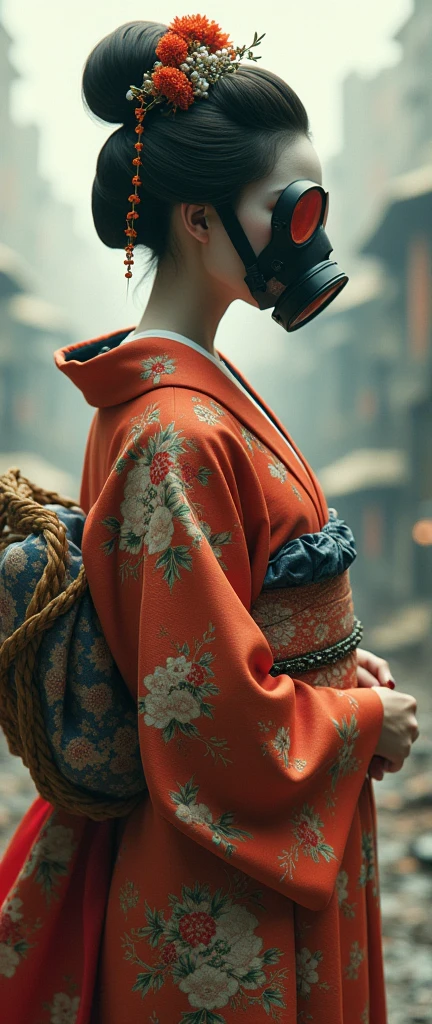 A beautiful geisha girl, wearing an ornate silk kimono robe, standing in a post-apocalyptic landscape wearing a gas mask, (best quality,4k,8k,highres,masterpiece:1.2),ultra-detailed,(realistic,photorealistic,photo-realistic:1.37),extremely detailed face and eyes, elegant and graceful pose, cinematic lighting, dramatic atmosphere, vibrant colors, surreal and dystopian, detailed background elements, intricate textures, Japan, female, geisha, kimono, gas mask, apocalypse, post-apocalyptic, science fiction, fantasy