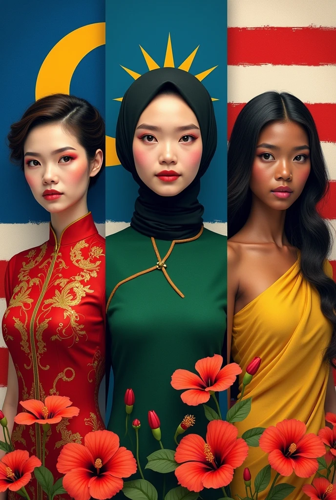 Generate three different panel of three woman. First panel is a chinese woman with short hair wearing an intricate cheongsam in red, second panel is a malay woman wearing black hijab and a green baju kurung, the third panel is an indian girl with her skin a little dark with long hair dressed up wearing a yellow saree.A malaysia flag as the background with 7 stripes of red, 7 stripes of white,a crescent moon and 13 vertex stars in yellow with blue background.deco with hibiscus,very detailed, surrealism.