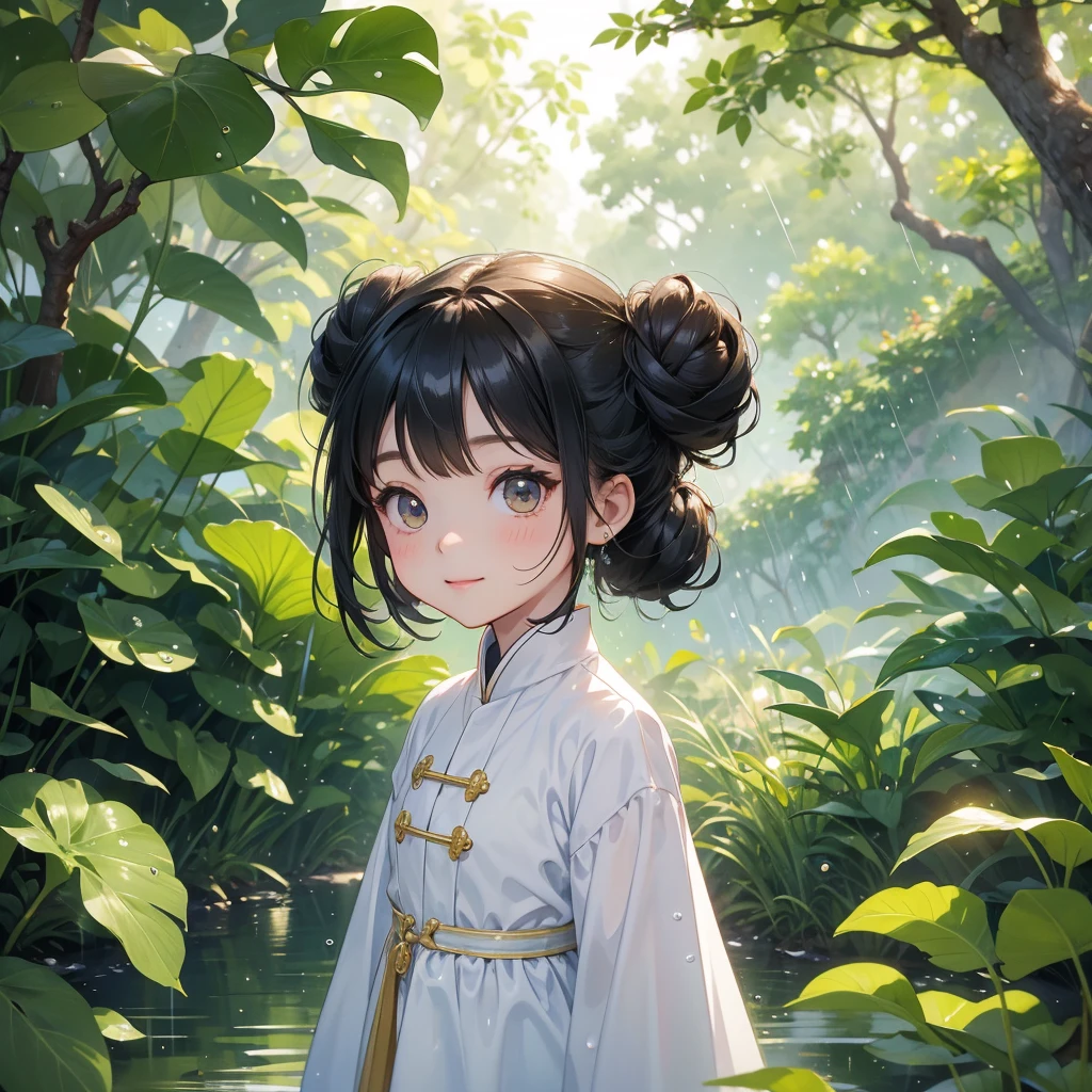 A chibi child girl had a small face and wearing a white little tourist priest’s outfit, a pair of big round eyes shone with curiosity about him. This child was so cute, her hair is black with buns on her hair. Small chibi , chibi baby, smiling , chibi. 

Background is trees, vegetables, lush green, with water drops after rain, with water droplets everywhere, green