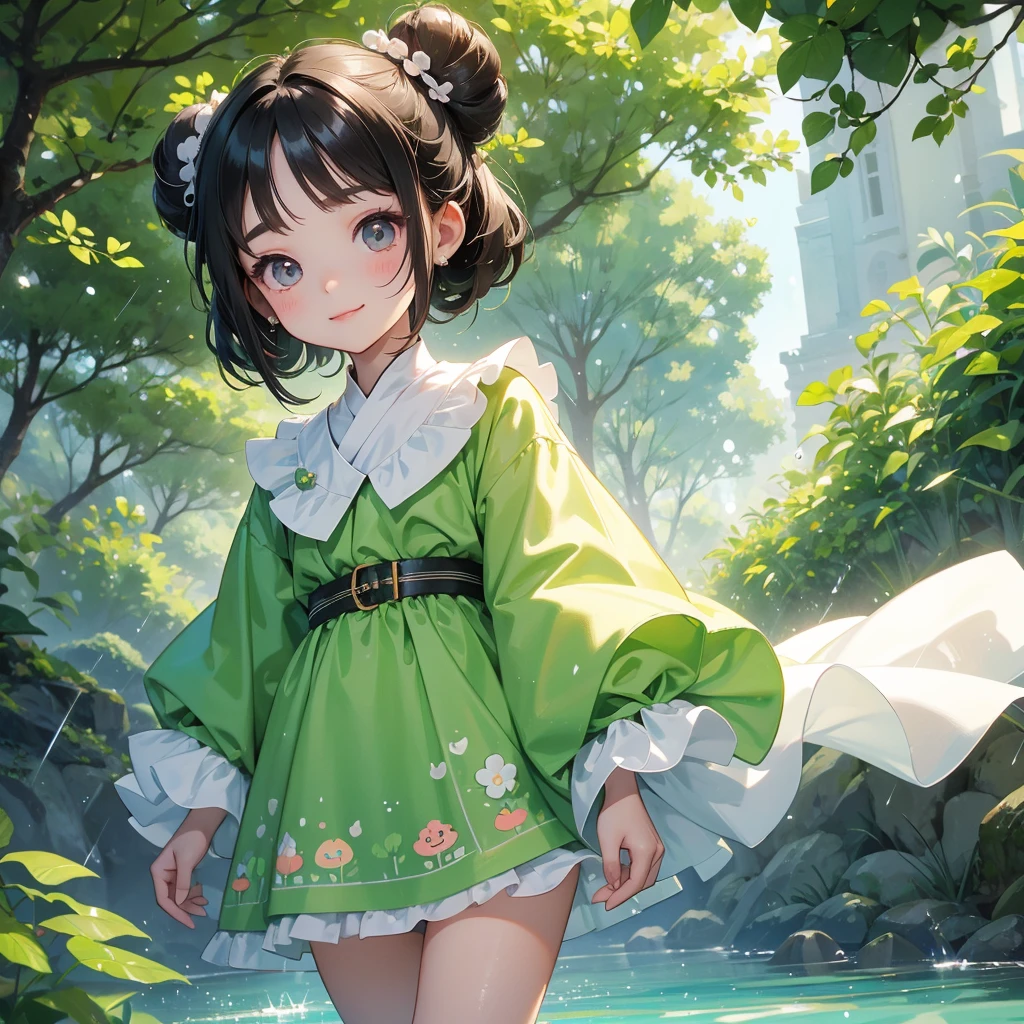 A chibi child girl had a small face and wearing a white little tourist priest’s outfit, a pair of big round eyes shone with curiosity about him. This child was so cute, her hair is black with buns on her hair. Small chibi , chibi baby, smiling , chibi.
Background is trees, vegetables, lush green, with water drops after rain, with water droplets everywhere, green