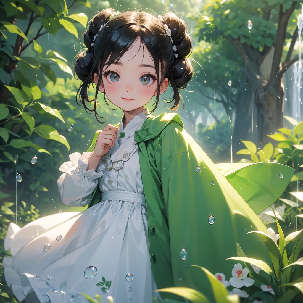 A chibi child girl had a small face and wearing a white little tourist priest’s outfit, a pair of big round eyes shone with curiosity about him. This child was so cute, her hair is black with buns on her hair. Small chibi , chibi baby, smiling , chibi. 

Background is trees, vegetables, lush green, with water drops after rain, with water droplets everywhere, green
