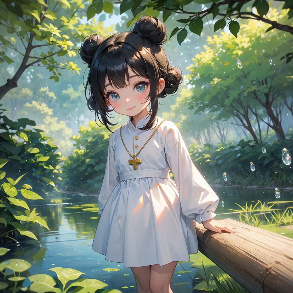 A chibi child girl had a small face and wearing a white little tourist priest’s outfit, a pair of big round eyes shone with curiosity about him. This child was so cute, her hair is black with buns on her hair. Small chibi , chibi baby, smiling , chibi.
Background is trees, vegetables, lush green, with water drops after rain, with water droplets everywhere, green