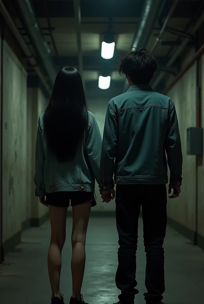 You can make some images like the last scene of "The Fight Club" just changing Marla with a girl with long straight black hair, of 1.58 tall, holding hands changing the narrator into a boy with short hair, broken black with denim jacket and black pants