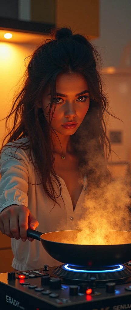 a female DJ performing cooking gestures with a frying pan on DJ decks on a stove, beautiful detailed eyes, beautiful detailed lips, extremely detailed eyes and face, long eyelashes, painting, oil painting, 8k, high quality, hyperrealistic, intricate details, vibrant colors, dramatic lighting, cinematic composition, dynamic pose, steaming frying pan, kitchen stove, modern kitchen interior, warm color tones, photorealistic