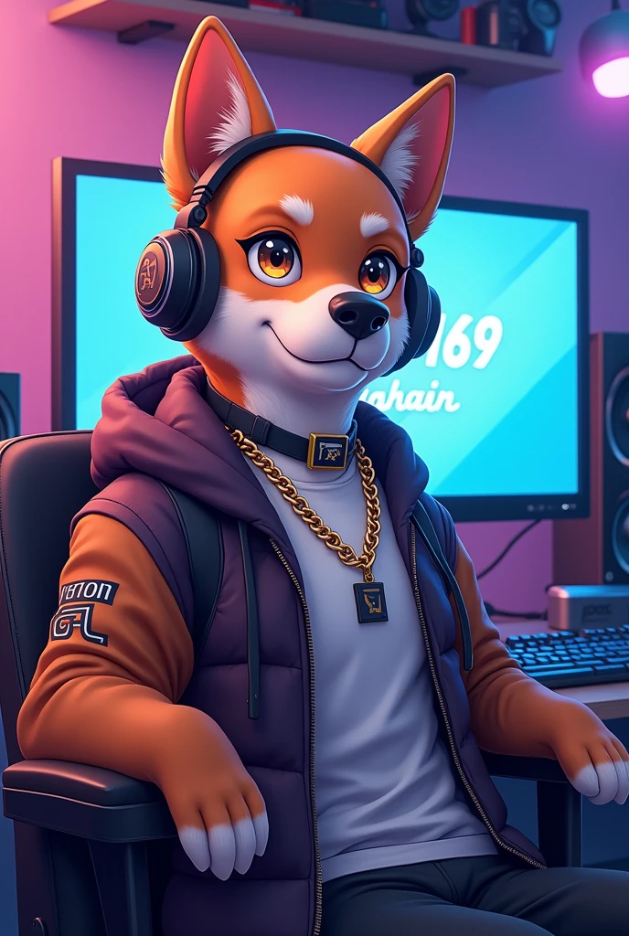 A  anime dog Gamer with head phone   well dressed and  neck gold  change with name of WITH GAMING SET UP 
In backround mention 007ROCKY69