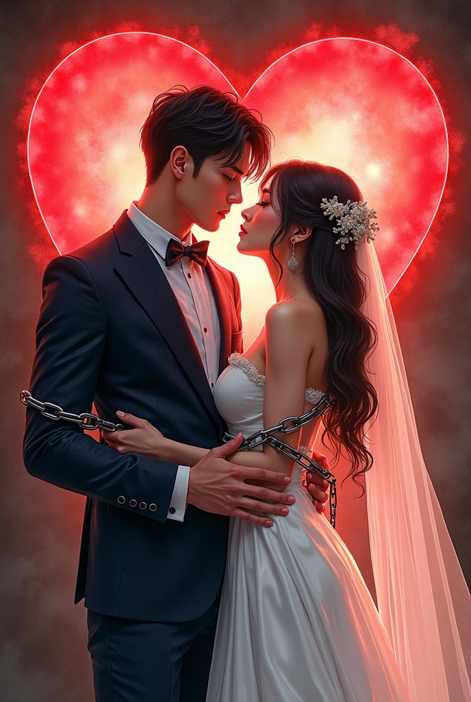 watercolor anime comic art, Julie Bell, art of a groom in his wedding day and his bride, a beautiful, sexy bride, busty bride, wearing white leather wedding dress, the chain holds the groom, with chains, the chain forms the shape of red glowing heart, cinematic light, High Detail, Ultra High Quality, High Resolution, 16K Resolution, Ultra HD Pictures, 3D rendering Ultra Realistic, Clear Details, Realistic Detail, Ultra High Definition,