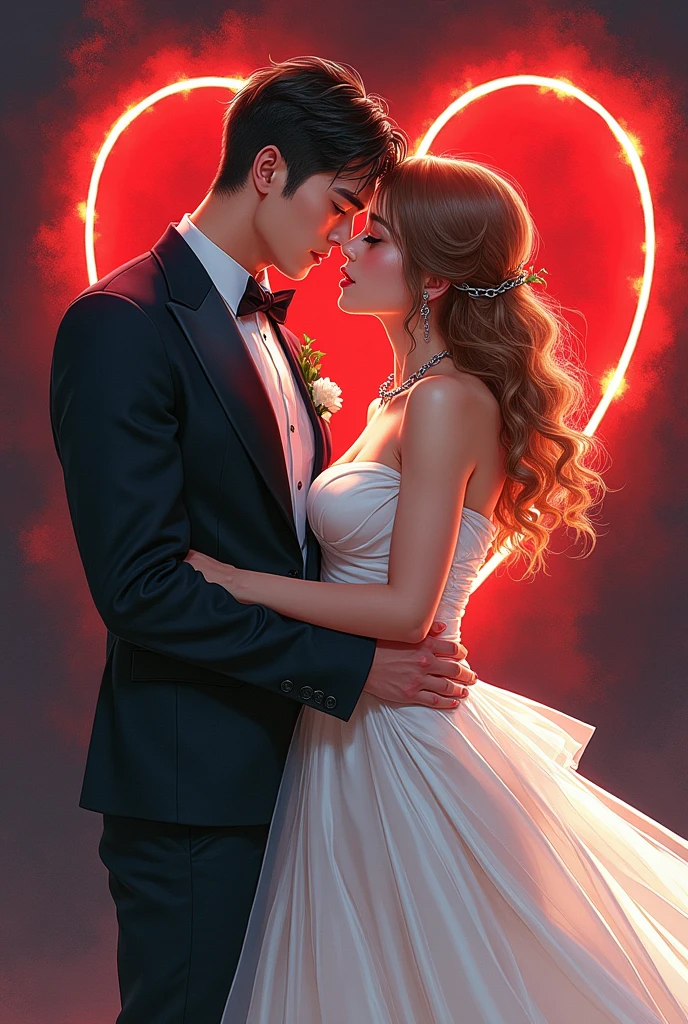 watercolor anime comic art, Julie Bell, art of a groom in his wedding day and his bride, a beautiful, sexy bride, busty bride, wearing white leather wedding dress, the chain holds the groom, with chains, the chain forms the shape of red glowing heart, cinematic light, High Detail, Ultra High Quality, High Resolution, 16K Resolution, Ultra HD Pictures, 3D rendering Ultra Realistic, Clear Details, Realistic Detail, Ultra High Definition,