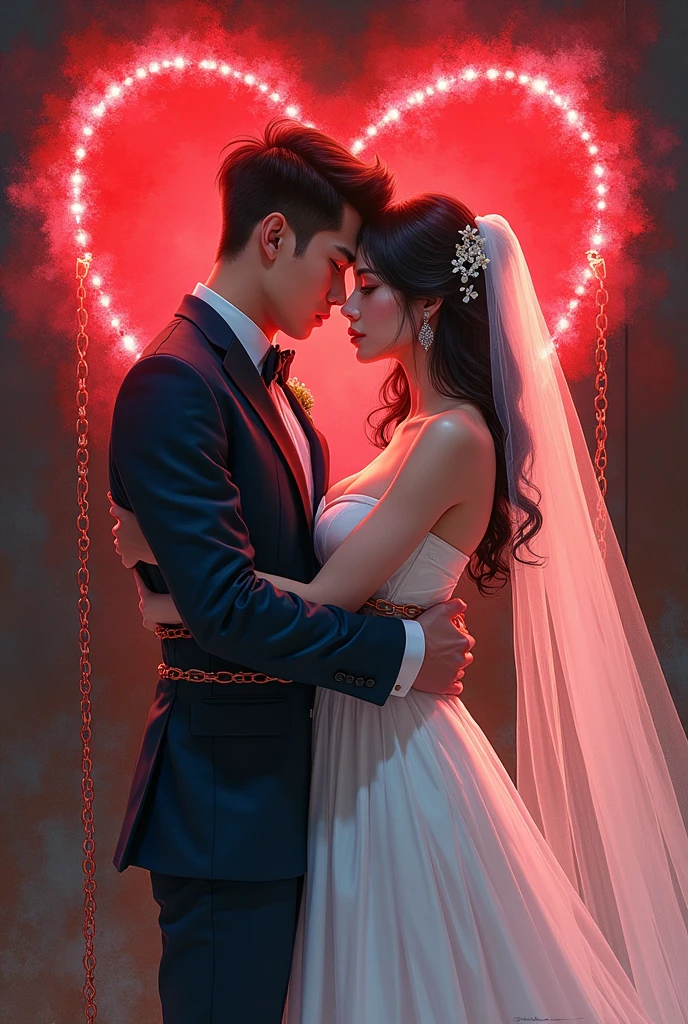 watercolor anime comic art, Julie Bell, art of a groom in his wedding day and his bride, a beautiful, sexy bride, busty bride, wearing white leather wedding dress, the chain holds the groom, with chains, the chain forms the shape of red glowing heart, cinematic light, High Detail, Ultra High Quality, High Resolution, 16K Resolution, Ultra HD Pictures, 3D rendering Ultra Realistic, Clear Details, Realistic Detail, Ultra High Definition,