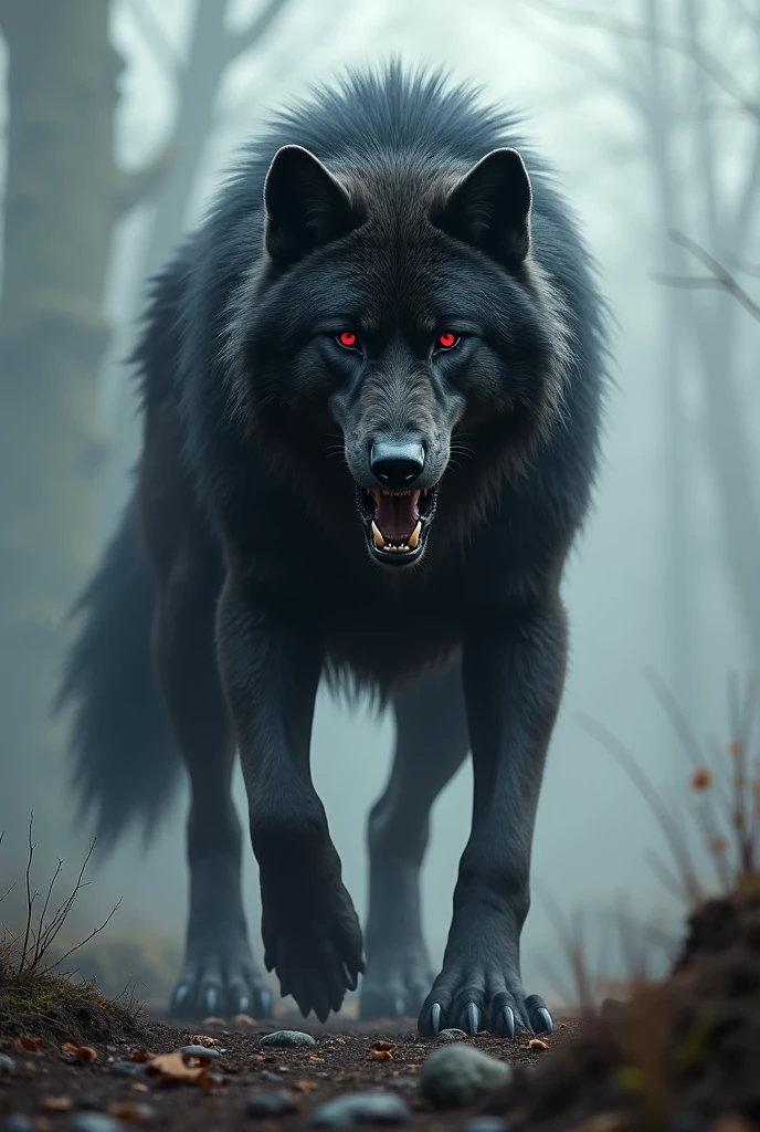 A big black wolf with red eyes, alpha, velues, stark.