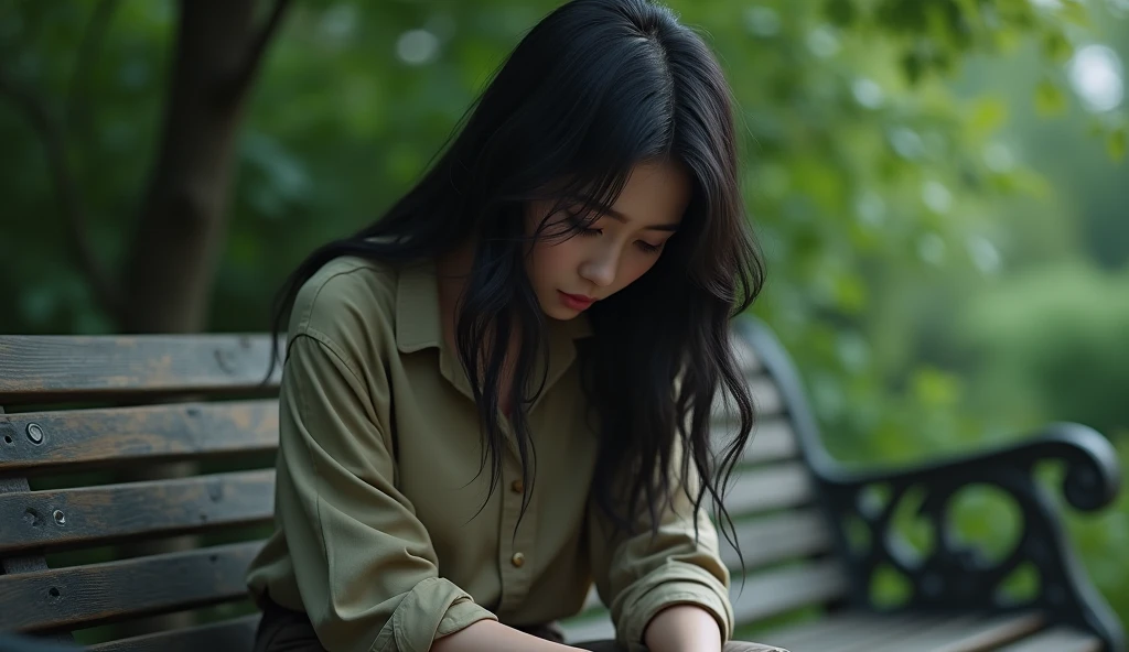 Woman sitting on a bench, head bowed, thinking and bowing, crying, 4k details 