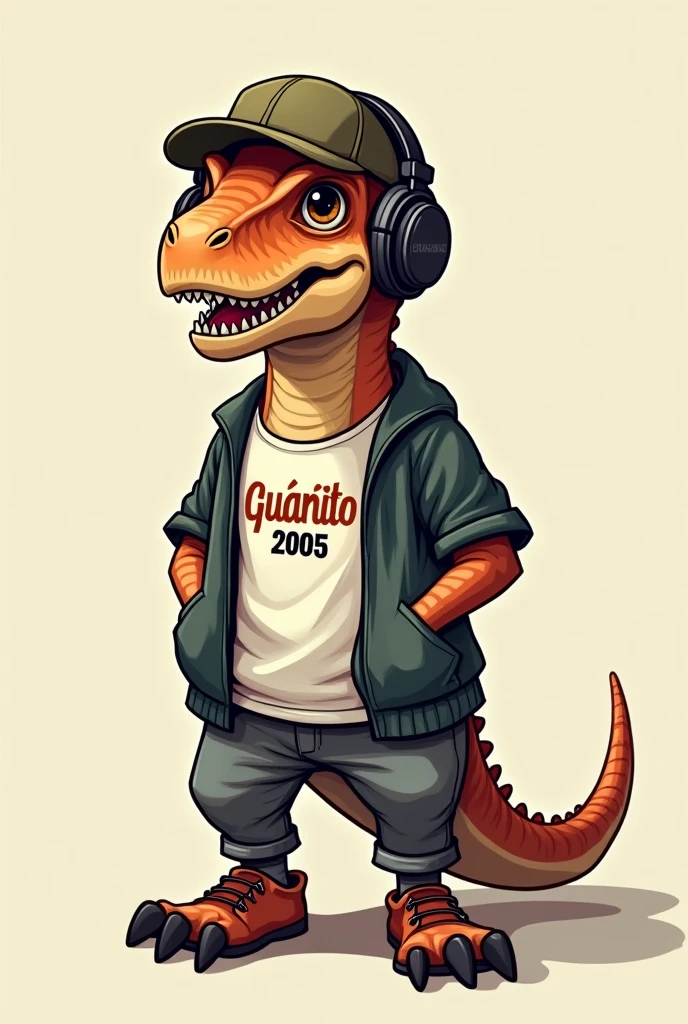 A dino with a normal military-colored cap, gamer headset headphones, and an Ecuadorian t-shirt with the letters: Guañito 2005
