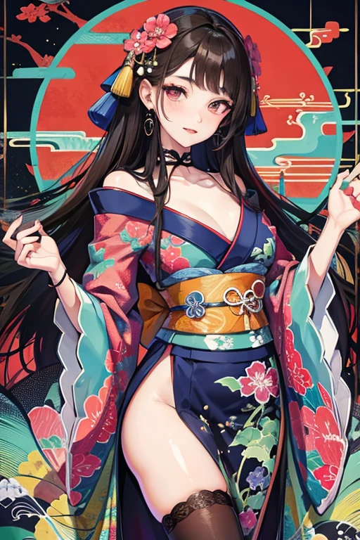 A beautiful woman in a kimono shows her white teeth、Vividly colored Japanese Ukiyo-e style illustrations、SeaArt creates stunning illustrations of beautiful women in kimono、Brown-black long hair、Full Body Style、Beautiful digital illustrations,、Beautiful digital painting, Anime CG art, Detailed digital anime art,  Beautiful anime portraits