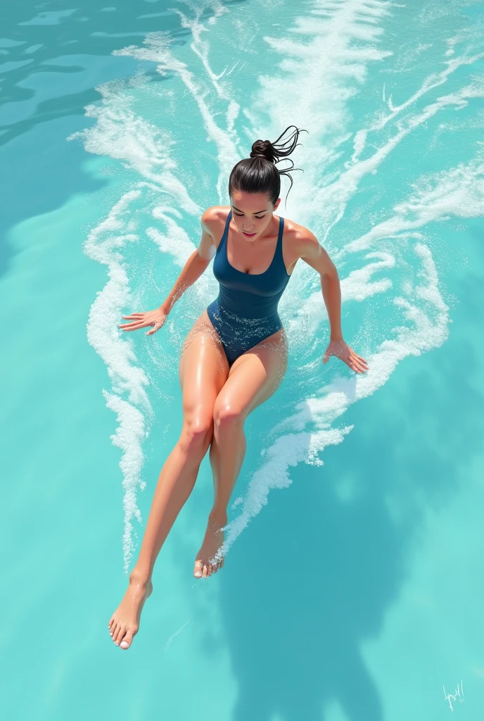 woman in a blue bikini lying face down in a pool, in the water! up to the shoulders, in a pool, swimming underwater, in the water, swimming, swimming to the surface, in the water up to the shoulders, in the water, body in the water, swimming underwater, full figure, water up to the waist , half submerged in water, floating underwater, 165 cm tall, wet swimsuit, 155 cm tall, the woman is extremely hot and sexy, provocative, she is around 35 years old. A woman with tanned white skin and dark hair. She is about 35 years old. Her slightly plump lips are like a delicate flower, her dark brown eyes seem to contain a world of wonders. Slim body. Thin waist. Her body exudes glamor and her face is the definition of beauty, tanned, beautiful skin, soft lips, pink lipstick, a feeling of lightness and joy, hyperrealism, very elaborate skin, a direct look. Physically fit woman, physically fit woman, fitness woman, gym woman, full body photo, clear photo, high quality, high resolution, masterpiece, 8K.