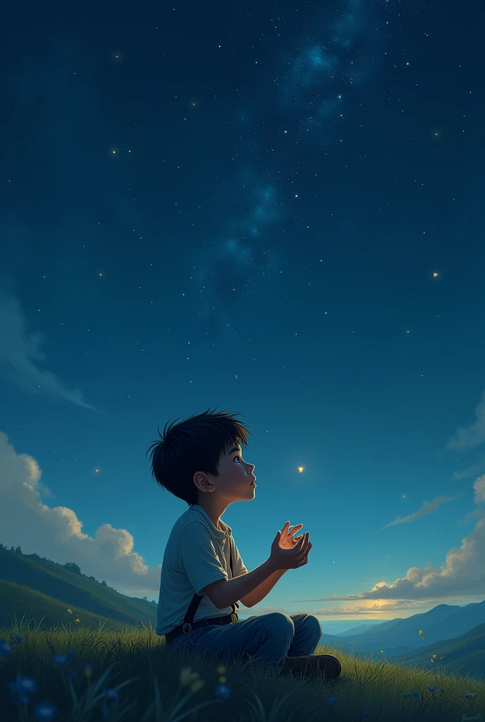 A boy with a pendant sitting watching the stars