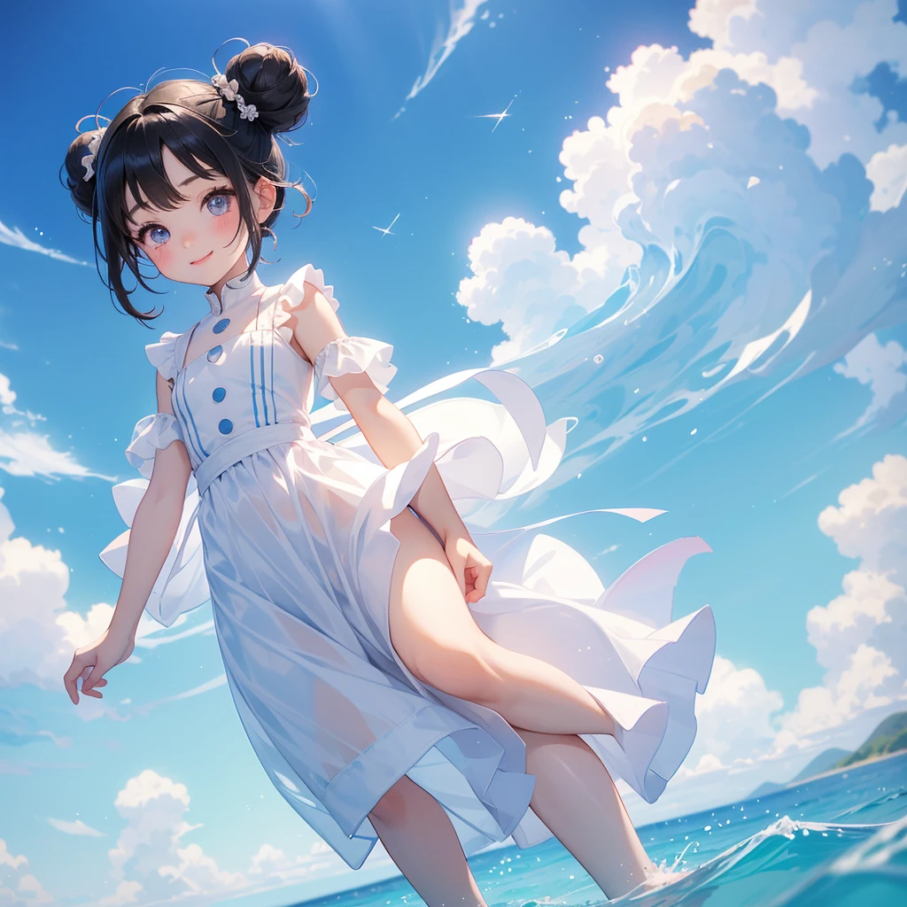A chibi child girl had a small face and wearing a white little tourist priest’s outfit, a pair of big round eyes shone with curiosity about him. This child was so cute, her hair is black with buns on her hair. Small chibi , chibi baby, smiling , chibi.
Background is a blue sky, with low floating blue clouds all over the area