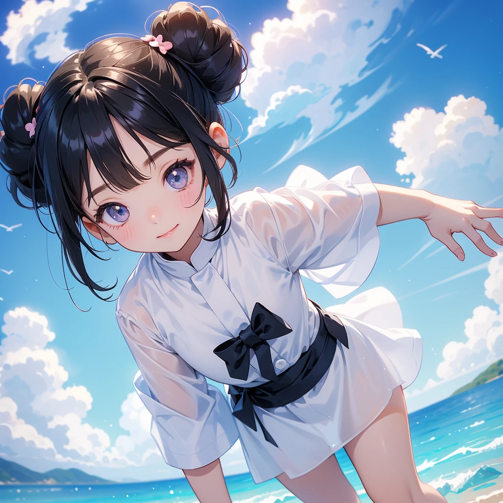 A chibi girl had a small face and wearing a white little tourist priest’s outfit, a pair of big round eyes shone with curiosity about him. This childso cute, her hair is black with buns on her hair. Small chibi , chibi baby, smil, chibi.
Background is a blue sky, with low floating blue clouds all over the area