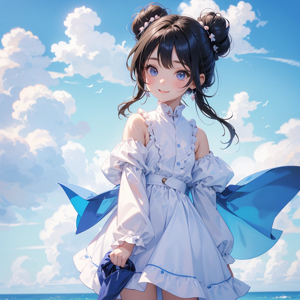 A chibi  girl had a small face and wearing a white little tourist priest’s outfit, a pair of big round eyes shone with curiosity about him. This childso cute, her hair is black with buns on her hair. Small chibi , chibi baby, smil, chibi. 

Background is a blue sky, with low floating blue clouds all over the area