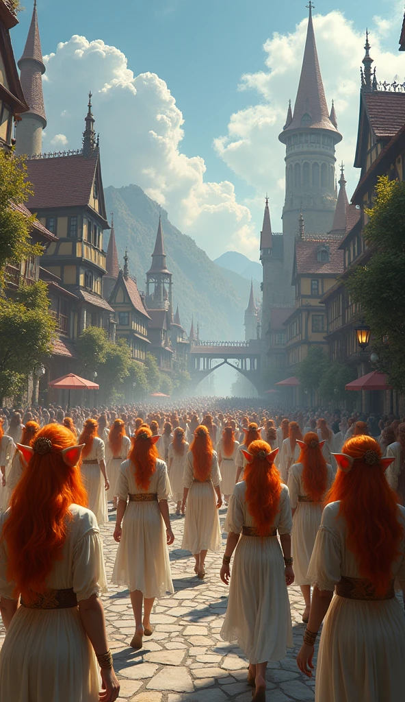 masterpiece, high quality, elves, (long elf ears), (orange hair), medieval town square, fantasy buildings, crowd of elves, fantasy clothes,