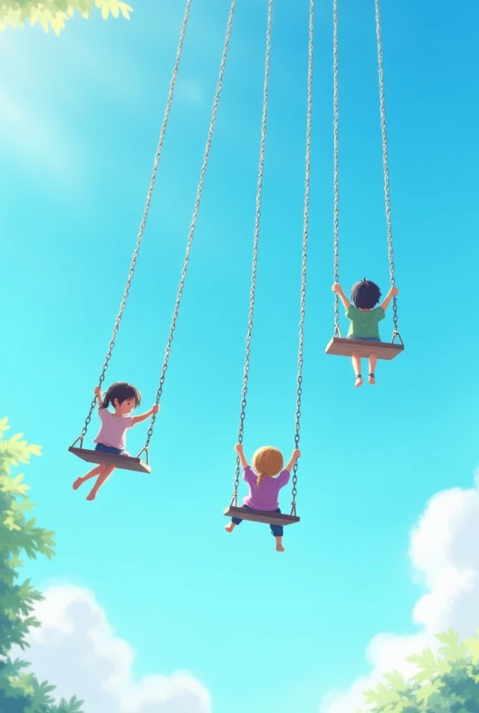 Swinging high into the sky, long chains of swings, blue sky,