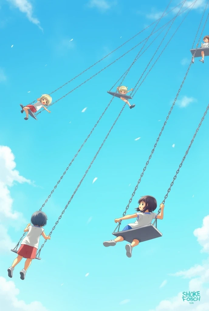 Swinging high into the sky, long chains of swings, blue sky,