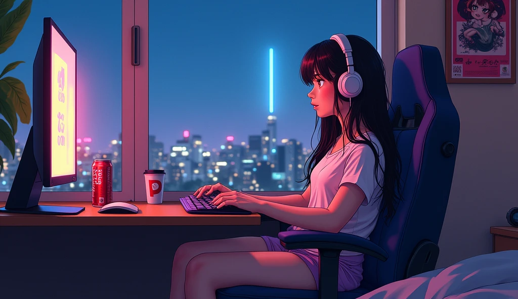 Perfect image, 8k, night、Energy Drinks、Sit in a gaming chair、Private room、A high school girl playing a rhythm game on a PC、cute、looks fun、long hair、 Loungewear、Using headphones、City view outside the window、2D-style animation, Lo-Fi、Retro、Anime style illustrations