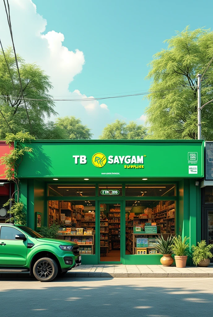 Draw a green building tools store with a banner reading TB RK SANGGAM with a pick up car in front of its store 