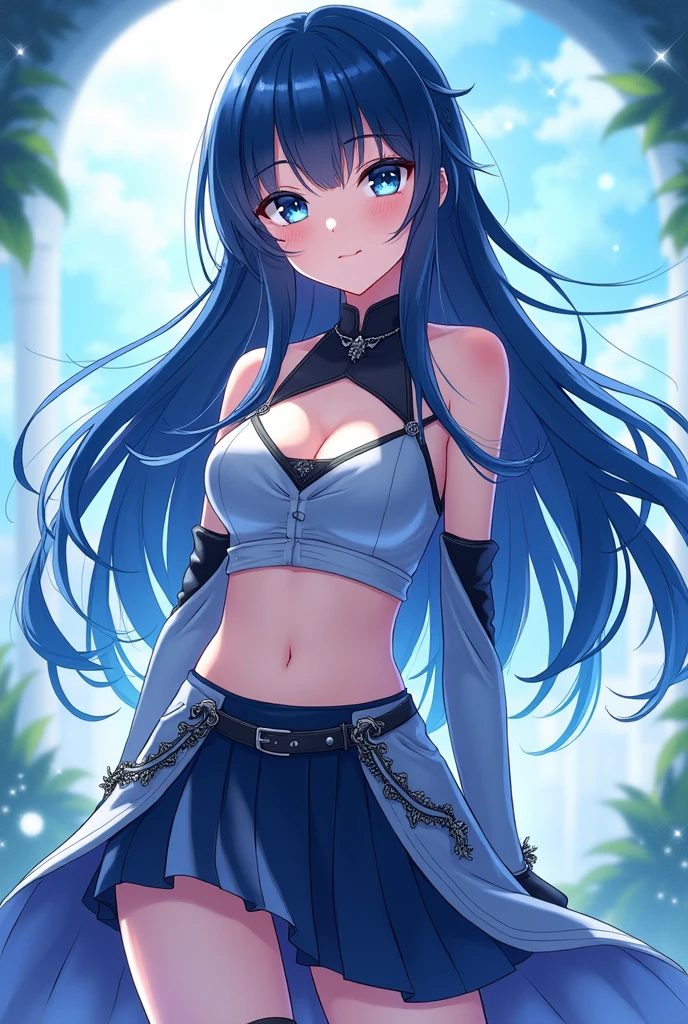 best quality, extremely detailed,anime style girl,long hair down to the waist, straight hair, ((dark black hair with bluish)),((crown braid)),beautiful detailed eyes, pinched eyes, (dark blue eyes),huge breasts,curvy,((((Mystical atmosphere transparency dressswimwear)))),clothing with complex patterns,smile,((((casual beach)))),Sunlight,Diagonal angle,dynamic angle,active pose