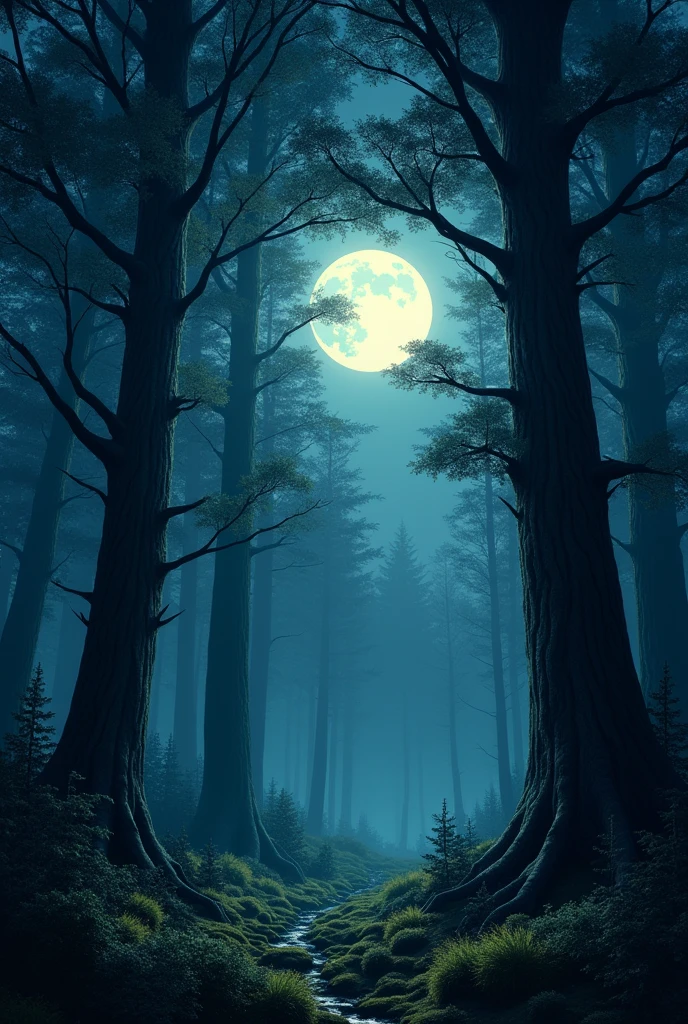 Trees at night . Moon light.
