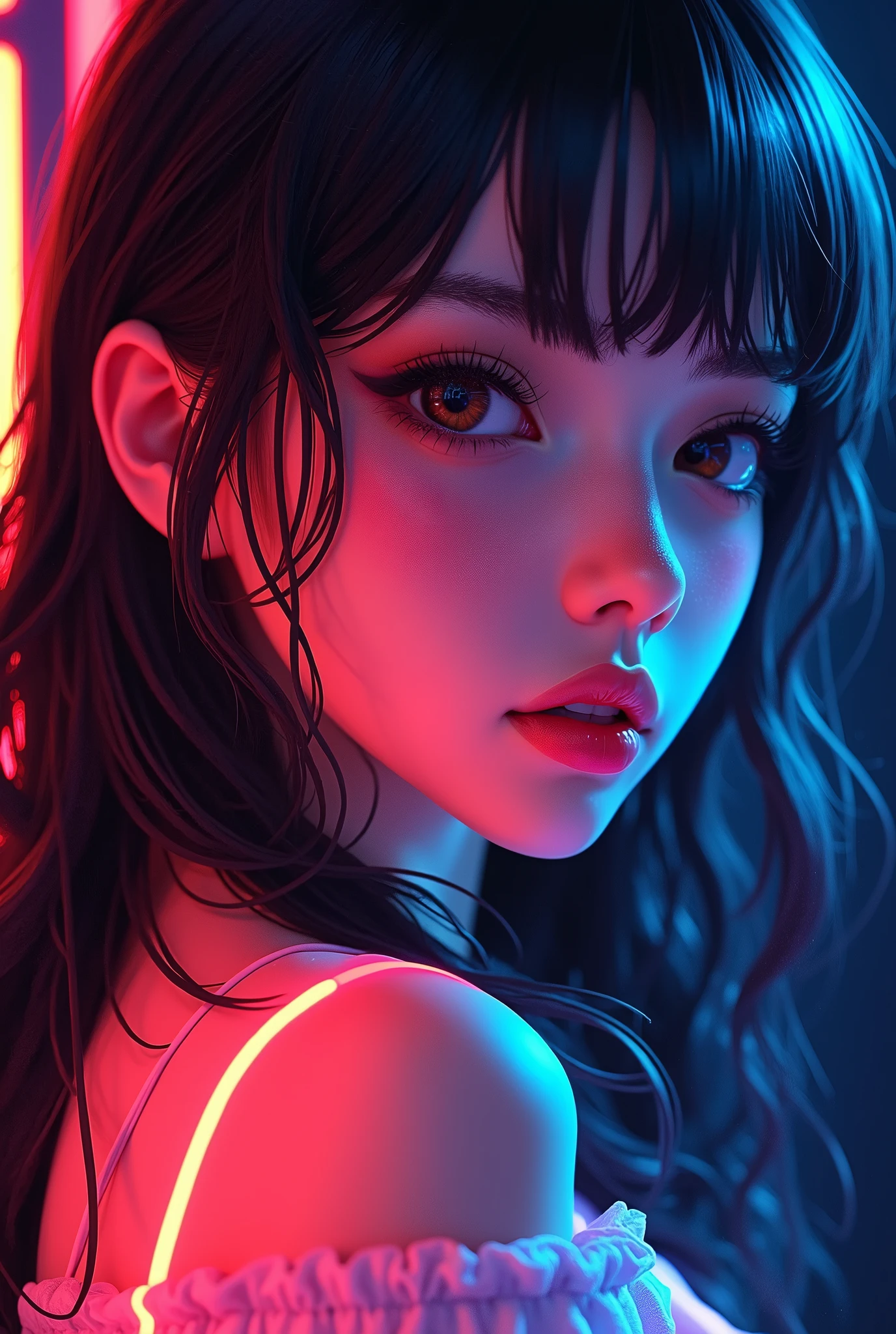 Fluorescent Color, 1 girl, Look to the side, Pretty Face, beautiful eyes, (Shoulder: 1.2), Upper Body, Shiny hair, Radiant Skin, Reduce glare emissions, The fingers are well proportioned, dark, Throw, Dynamic Angle, (((main part))), (((Better quality))), ((Extremely detailed)), (illustration), (Detail Light), ((Extremely beautiful)), dramatic_shadow, Light_track, reflection, Ultra-high resolution, laser