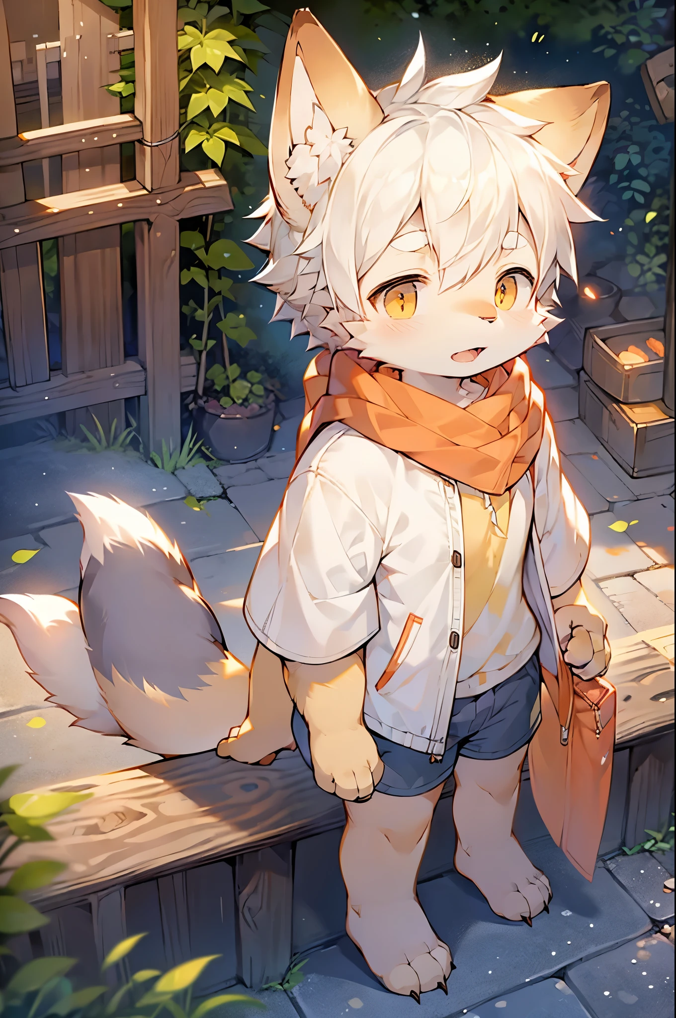 Fox Boy，Furry boys，Infant and child characteristics，White hair，Yellow skin，White Arm，scarf，Short sleeve with jacket，shorts，Outdoor bright background