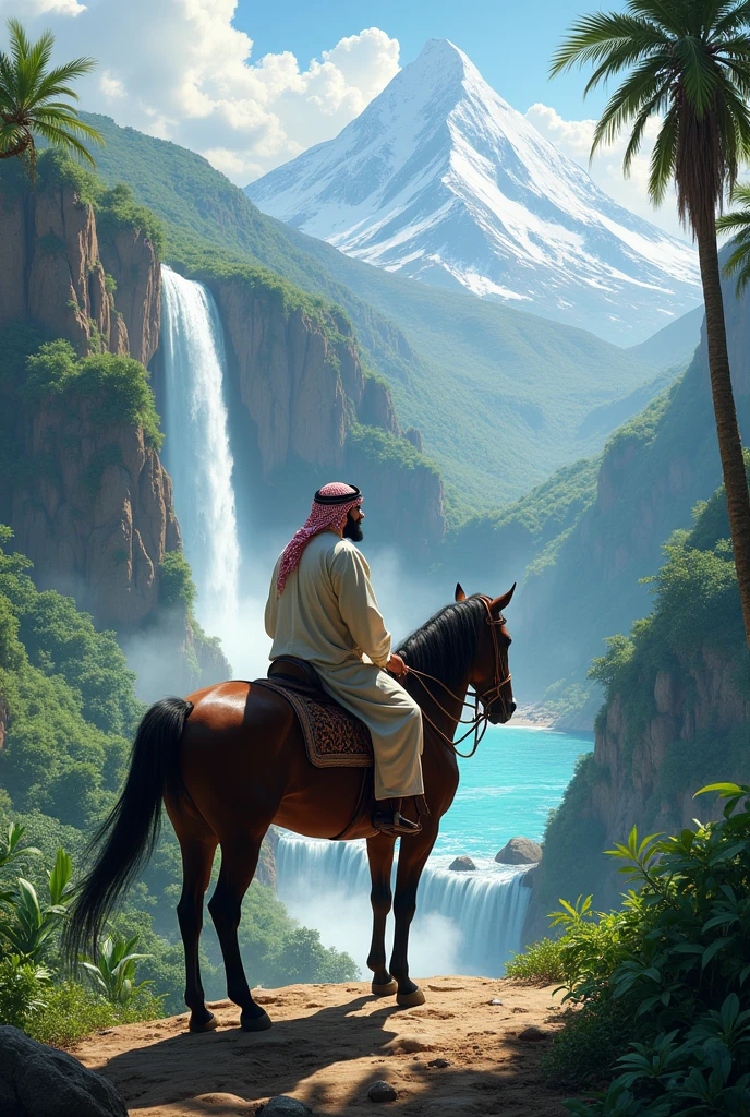 a dream arabian jungle valley and mountain were beautiful water pound and pound side sitting arabic adult man on a horse