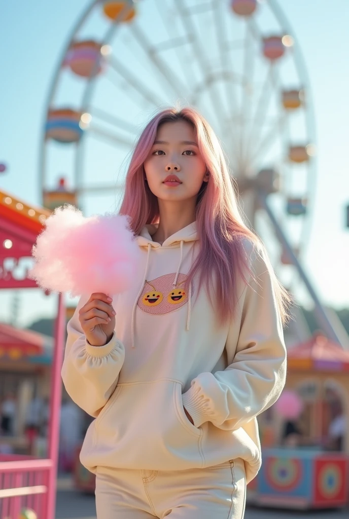 beautiful young Korean woman with smooth, clean white skin,rambut lurus berwarna maron pink,hoodie rajut pink cream dihiasi motif emoji,celana jeans cream,sandal boots,holding cotton candy,with the background of the playground behind the Ferris wheel, real realistic photo 