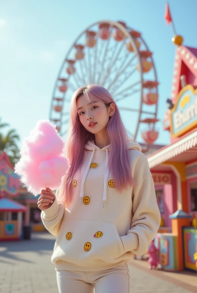 beautiful young Korean woman with smooth, clean white skin,rambut lurus berwarna maron pink,hoodie rajut pink cream dihiasi motif emoji,celana jeans cream,sandal boots,holding cotton candy,with the background of the playground behind the Ferris wheel, real realistic photo 